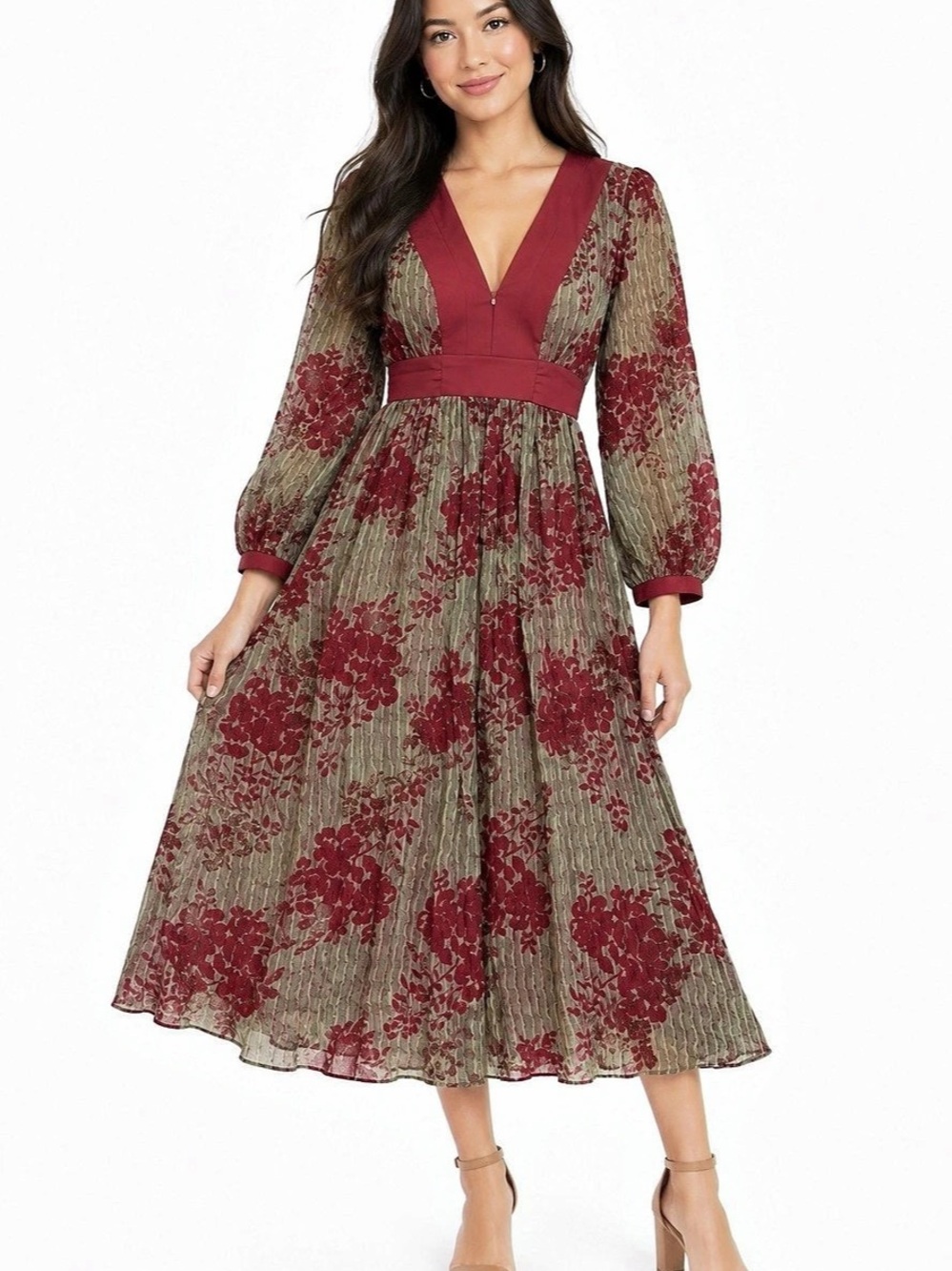 Max and Cleo Floral Midi Dress in Burgundy & Green Size 4